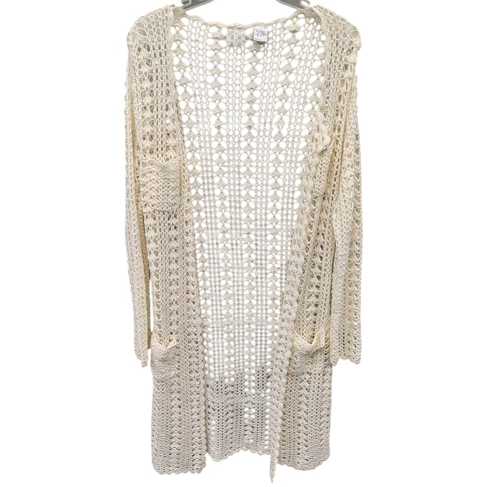 Phosphorus Cream Crochet Knit Longline Cardigan Heart‎ Pointelle Boho Ivory- L